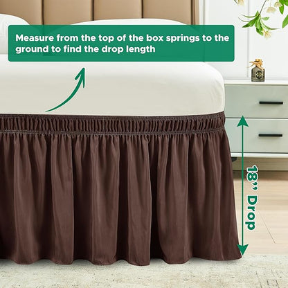 Biscaynebay Wrap Around Bed Skirts for Queen Size Beds 18" Drop, Brown Adjustable Elastic Dust Ruffles Easy Fit Wrinkle Resistant Silky Luxurious Fabric Machine Washable