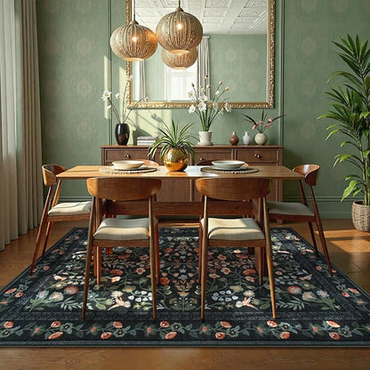Lahome 9x12 Rugs for Living Room, Non-Slip Stain Resistant Dining Room Rug Washable Untra-Thin Soft Large Carpet, Vintage Botanical Print Low-Pile Carpet for Bedroom Office, Black