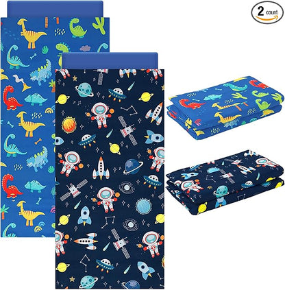 2 Pcs Dinosaurs Nap Mat Cover for Boys Girls Sewn in Flap Design Blue Sleeping Kids Astronauts Nap Mat Covers Soft Microfiber Cot Sheet for Preschool Kindergarten Toddler Daycare