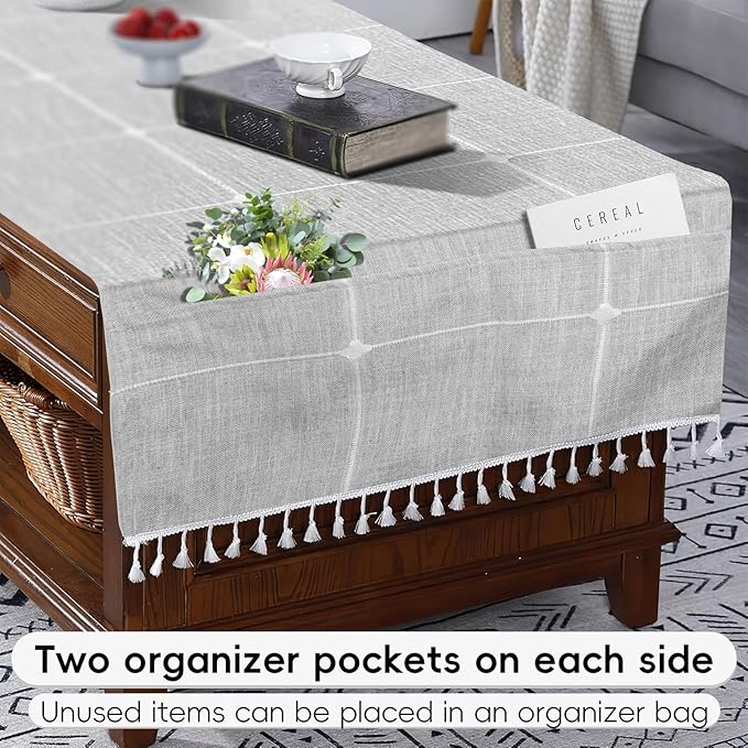 Coffee Table Cloth, Coffee Table Cover with Pockets and Tassel, Grey Grid for Living Room Small Rectangle Tablecloths Washer Dryer Fridge Top Dust Cover,Easy Care Machine Washable