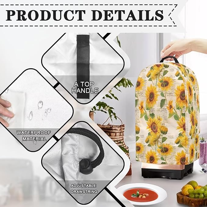 Vintage Sunflower Blender Covers for Kitchen Food Processor Cover with Durable Handle, Dust Covers for Kitchen Appliances Stand Mixer or Coffee Maker Appliance Cover