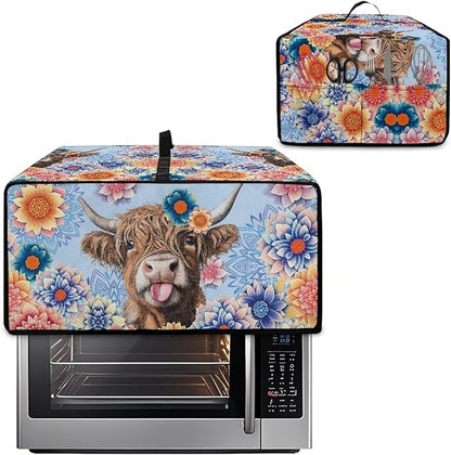 Microwave Oven Cover Heavy Duty Microwave Oven Dust Cover with Storage Pockets Dust-Proof Reusable Decor Accessories for Kitchen, Highland Cattle Boho Mandala Floral Print, M