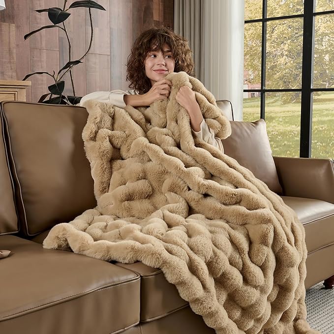 Lotus Karen Queen Size Faux Fur Blanket Khaki - Big Bubble Rabbit Fluff Blanket for Bed, Large Fluffy Fuzzy Cozy Blanket, Thick Furry Plush Shaggy Blankets, 90x90 Inches