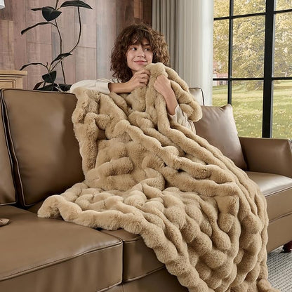 Lotus Karen Queen Size Faux Fur Blanket Khaki - Big Bubble Rabbit Fluff Blanket for Bed, Large Fluffy Fuzzy Cozy Blanket, Thick Furry Plush Shaggy Blankets, 90x90 Inches