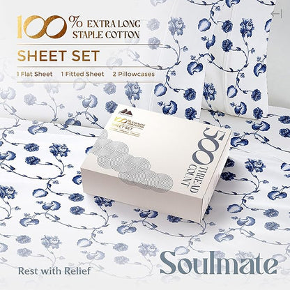Mayfair Linen 100% Cotton Printed Bed Sheets Queen Size Set - 500 Thread Count Cotton Sheets for Queen Size Bed, 4 PC Set (Floral Blue), Soft, Cooling, Sateen Hotel Quality 16" Deep Pocket Bedsheet