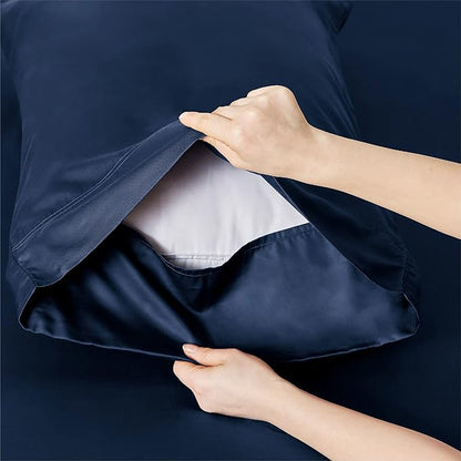 Bedsure Queen Sheet Set, Rayon Derived from Bamboo, Cooling Sheets, Breathable & Soft, Deep Pocket Up to 16 Inches, Hotel Luxury Silky Bedding for Hot Sleepers, Navy