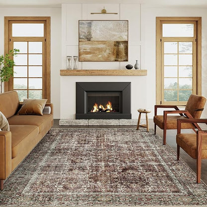 Vintage Area Rug 6x9 Rust Red Washable Living Room Large Carpet Non Slip Bedroom Indoor Office Low Pile Traditional Distressed Retro Accent Rug for Dining Room Kitchen