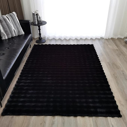 GLORY RUGS Area Rugs Bubble Soft Faux Rabbit Fur Rug 5x7 Polar Black Plush Carpet Shag Cozy Fluffy Rug Non Slip Rugs, Machine Washable Shaggy Area Rug Bedroom Living Room and Dining Room.