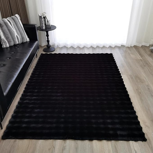 GLORY RUGS Area Rugs Bubble Soft Faux Rabbit Fur Rug 5x7 Polar Black Plush Carpet Shag Cozy Fluffy Rug Non Slip Rugs, Machine Washable Shaggy Area Rug Bedroom Living Room and Dining Room.