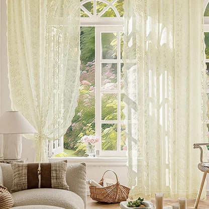 Anmao Vintage Lace Curtains 108 Inches Long 2 Panels Set, Romantic Elegant Light Filtering Semi Sheer Floral Thick Lacy Curtain Drapes for Living Room and Bedroom, Each Panel 55W x 108L, Cream Yellow