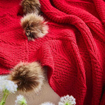 vctops Christmas Fur Pom Pom Knit Throw Blanket Super Soft Warm Cozy Cable Knitted Blanket for Sofa and Couch 51 x 63 Inch Red