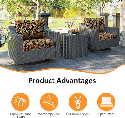 Outdoor Patio Chair Cushions Set, 24" x 24", Set of 2, Water-Repellent, Fade Resistant, Deep Seat Bottom and Back Cushion for Backyard, Couch, Sofa and Patio Furniture, Red Yellow Vine Flower