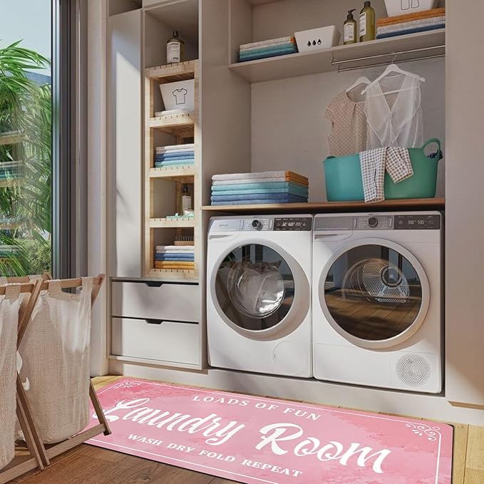 Laundry Room Rug Non Slip Floor mats Farmhouse Large Laundry Rugs for Pink Laundry Runner Room Mat Washer and Dryer Carpet Laundry Room Decor 20x59inch(Pink)