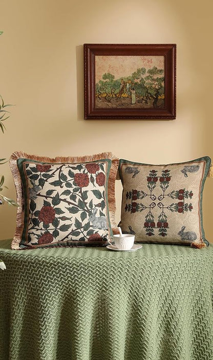 patdrea Designer Throw Pillow Covers Set of 2,French Elegant Green Linen with Rose and Animal Floral Pattern Pillow Covers,Decorative Square Pillowcases Cushion for Bed Living Room Outdoor,18"x18"