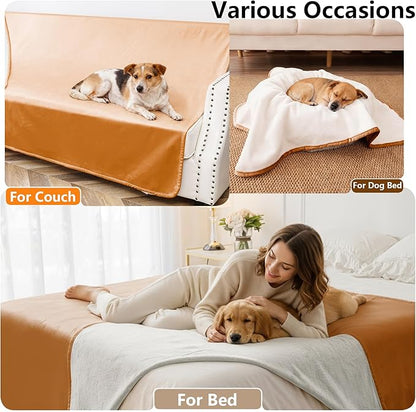 Waterproof Blanket for Bed, Leak Proof Dog Couch Blankets Reversible, Pet Throw Sofa Furniture Protector Machine Washable-82 x120,Orange+Cream