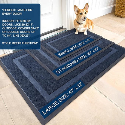 OLANLY Front Door Mat Indoor Outdoor Entrance, Waterproof All-Season, All-Weather Doormat, Sturdy Natural Rubber, Fade Resistant, Low Profile, Easy Clean Patio Porch Entryway Mat, 33x21, Blue