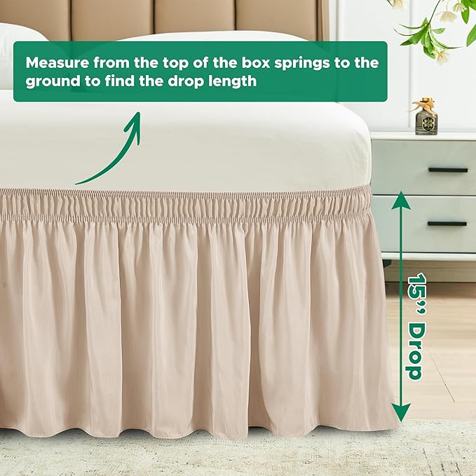 Biscaynebay Wrap Around Bed Skirts with Adjustable Belts for King & Cal King Beds 15" Drop, Sand Elastic Dust Ruffles Easy Fit Wrinkle Resistant Silky Fabric Machine Washable