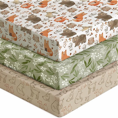 Baby Crib Sheets for Boys Girls, 28x52x8in Fitted Crib Sheet Neutral 3 Pack for Standard Crib and Toddler Mattress, Breathable Soft Microfiber Baby Sheet Green & Brown Fox