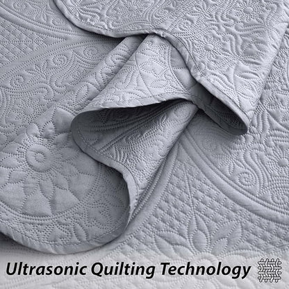 IR Imperial Rooms Twin Quilt Bedding Set Size (68” x 86”) + 1 Pillow Shams (20” x 26” + 2”) - 2 Pcs All Season Lightweight Reversible Microfiber Coverlet Floral Embossed Quilt Bedspread (Silver)