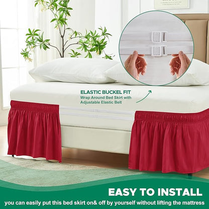 Biscaynebay Wrap Around Bed Skirts for King & Cal King Beds 18" Drop, Red Adjustable Elastic Dust Ruffles Easy Fit Wrinkle Resistant Silky Luxurious Fabric Machine Washable
