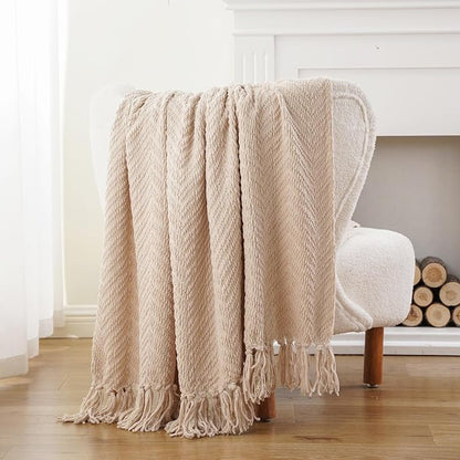BATTILO HOME Beige Throw Blanket for Couch, Knitted Beige Throw for Bed, Neutral Throw Blankets Tan Throw Blanket for Room Decor Housewarming Gifts, 50" x 60"