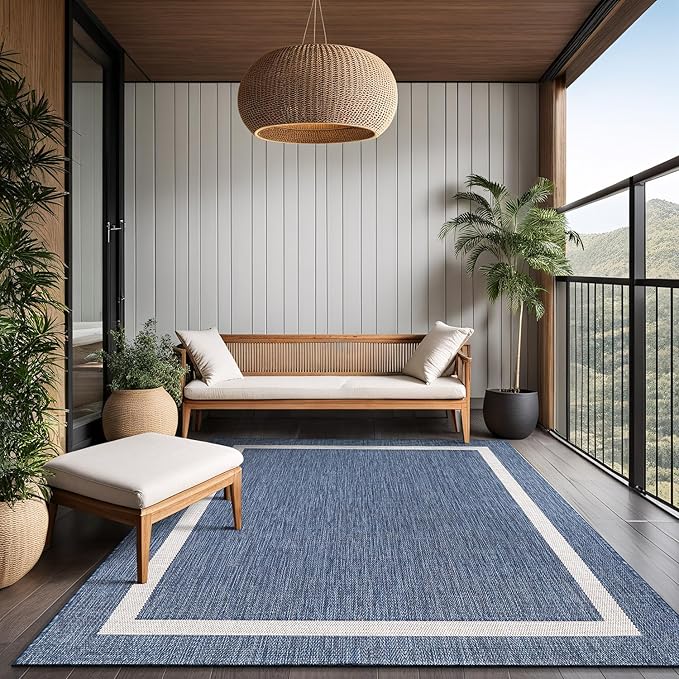 Bordered Outdoor Rug 6x9 Washable Outside Carpet for Indoor Patio Porch Waterproof Easy Cleaning Non Shedding Area Rugs Blue 6 x 9