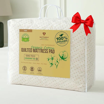 Luxury Quilted Organic Cotton Mattress Protector Twin - 380 GSM Waterproof & Breathable Pad - Deep Pocket Fitted Cover - Soft & Silent Protection