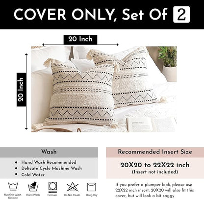 BlissBlush Decorative Throw Pillow Cover 20x20 Combo Set of 2 Square Boho Black Neutral Accent Pillowcase Tassels Farmhouse Cushion for Couch Sofa Bedroom Living Room Home Décor Cover ONLY