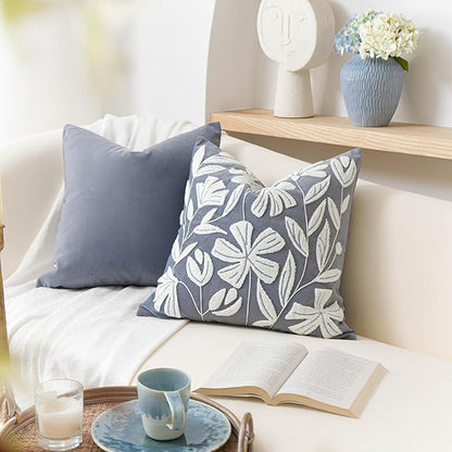 BlissBlush Blue Velvet Decorative Throw Pillow Cover 20X20, Flower Tufted Soft Farmhouse Textured Pillowcase, Accent Pillowcase for Couch Sofa Bed Living Room