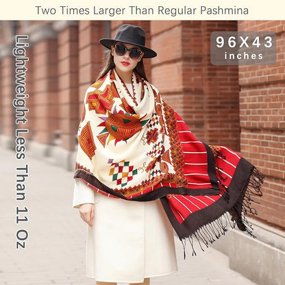 DANA XU 100% Merino Wool Pashmina Shawl for Women 96"x43", Oversized Cashmere Wrap with Tassels, Floral Travel Blanket Cape