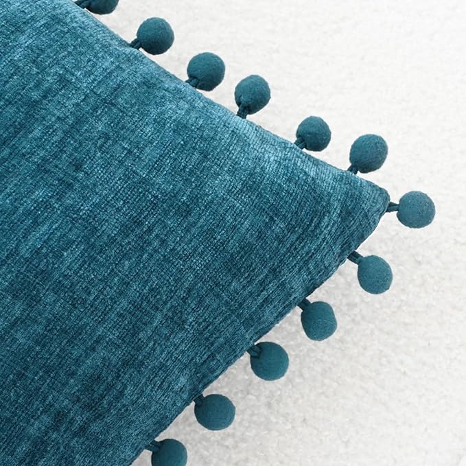 CaliTime Throw Pillow Covers Decorative 20 X 12 Inches Pack of 2 Cozy Solid Dyed Soft Chenille Cushion Cases with Pom Poms for Couch Sofa Bed Living Room Home Ocean Blue