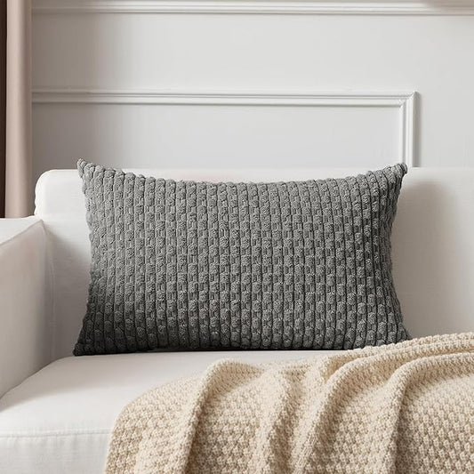 Kevin Textile 14x24 Inch Pillow Cover 1 Pack Boho Decorative Soft Striped Corduroy Lumbar Farmhouse Accent Rectangle Cushion Case for Living Room Couch Sofa Bed, Dark Grey