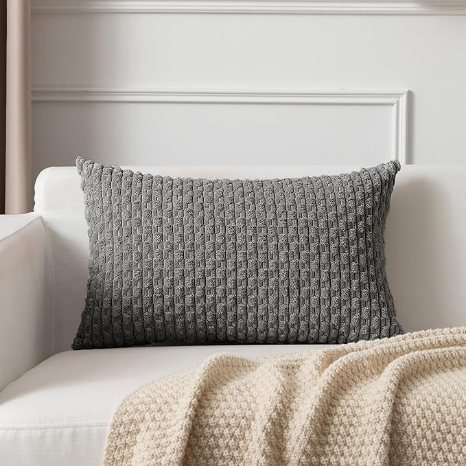 Kevin Textile 12x20 Inch Pillow Cover 1 Pack Boho Decorative Soft Striped Corduroy Lumbar Farmhouse Accent Rectangle Cushion Case for Living Room Couch Sofa Bed, Dark Grey