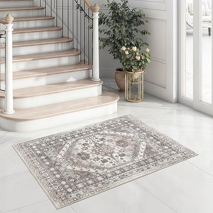 zesthome 2x3 Entryway Rug, Soft Washable Rugs, Non Slip Area Rug, Stain Resistant Low Pile Rugs for Bedroom, Vintage Rug for Door Mat, Kitchen (Brown/Beige,2'x3')