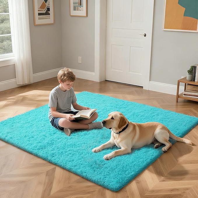 Teal Blue Rug Fluffy Rug, 8x10 Teal Area Rugs for Living Room, Soft Cute Baby Play Mat, Teal Rugs for Bedroom, Nursery, Preppy Dorm, Plush Aesthetic