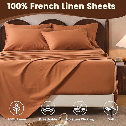 100% Linen Sheet Set Cal King Size Extra Deep Pocket Fits 18-24 Inch Mattress, Breathable & Soft, Smooth 4-Piece Set for Thick Mattresses Hotel Luxury Bedding（Cal King, Brown）