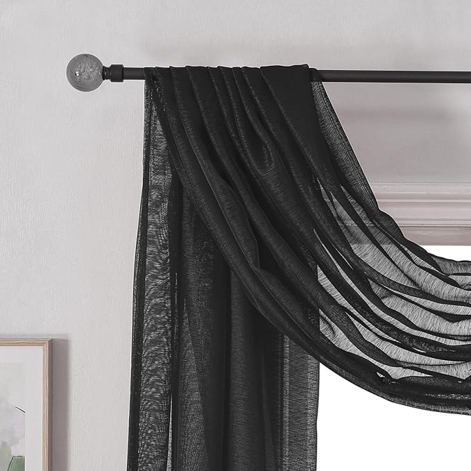 DONREN Jet Black Window Scarf Curtains for Outdoor Decoration - Add Luxury Beautiful Elegant Effect to Curtain Panels (1 Panel, 52 x 288 Inches Long)