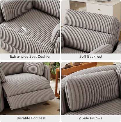 Bonzy Home Oversized Electric Recliner Chair for Adults with Extra-Wide Seat Cushion, Overstuffed Corduroy Power Recliner, Modern Round Single Sofa with 2 Pillows for Living Room, Bedroom, Grey