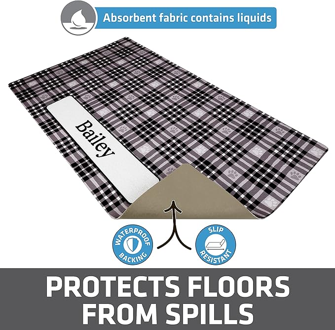 Drymate Personalized Pet Bowl Placemat, Custom Dog & Cat Food Feeding Mat - Absorbent Fabric, Waterproof Backing - Machine Washable/Durable (USA Made) (16" x 28") (Black Paw Plaid)