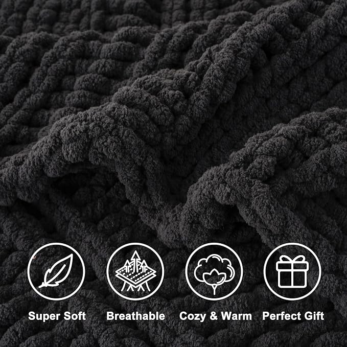Battilo Chunky Knit Throw Blanket for Couch, Dark Grey Chenille Throw Blanket Thick Warm Cozy Soft Cable Knitted Blanket for Sofa,Bed, Living Room, 50"x60"