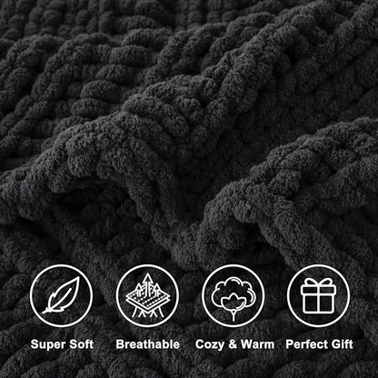 Battilo Chunky Knit Throw Blanket for Couch, Dark Grey Chenille Throw Blanket Thick Warm Cozy Soft Cable Knitted Blanket for Sofa,Bed, Living Room, 50"x60"