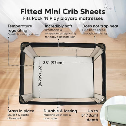 Pack and Play Sheets Fitted - 2-Pack Mini Crib Sheets for Pack N Play Mattress 38x26, Soft & Cozy, Neutral Toddler Playard Bedding, Snug Fitted Mini Baby Crib Mattress Cover Boy, Girl (Sage)