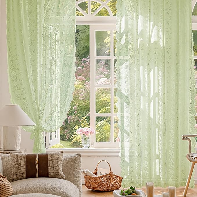 Anmao Vintage Lace Curtains 108 Inches Long 2 Panels, Romantic Semi Sheer Floral Lacy Curtain for Living Room, Elegant Window Drapes for Bedroom, Each 55W x 108L, Light Green