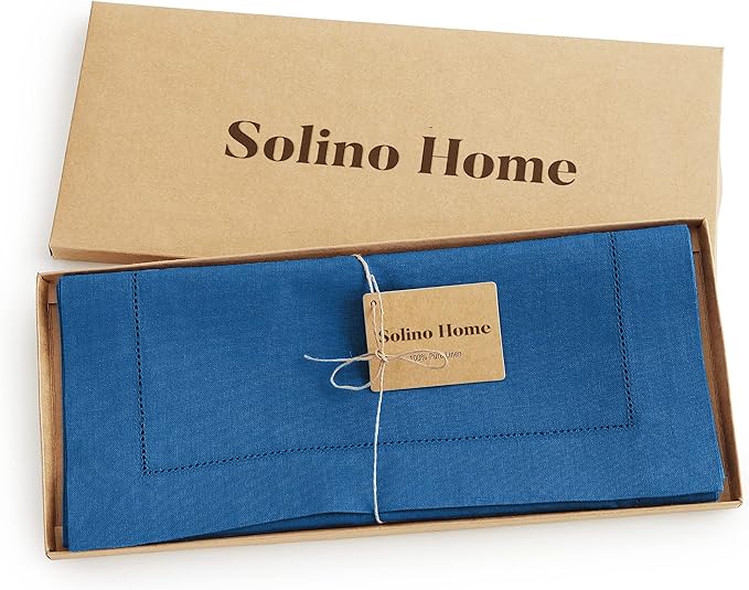 Solino Home Linen Indigo Blue Table Runner 72 Inches Long - 100% Pure Linen Hemstitch Table Runner 14 x 72 Inch for Dresser, Dining, Winter, Christmas, New Year - Classic Hemstitch