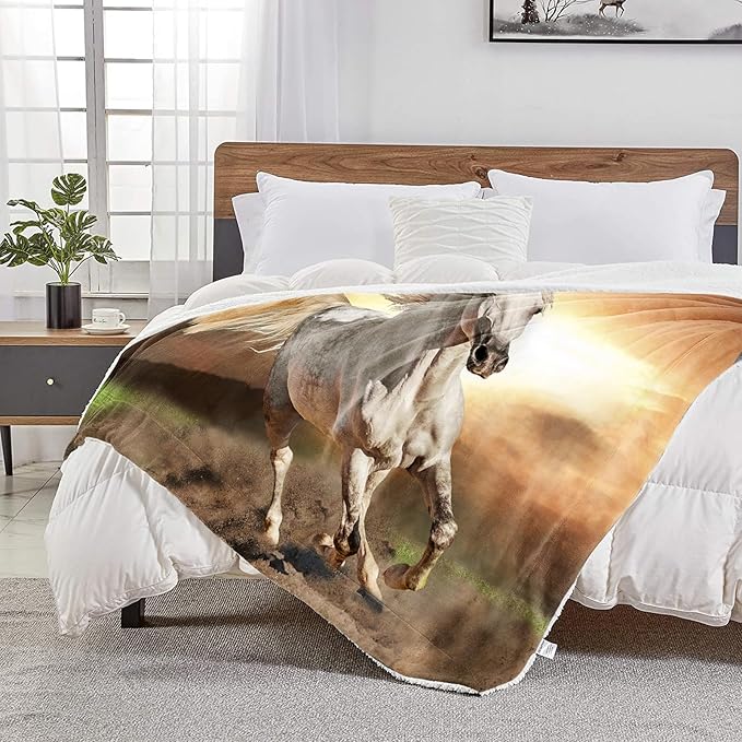 White Horse Throw Blanket for Couch, Super Soft Fuzzy Throws Warm Comfortable Plush Fleece Blanket, Fashion Decorative Flannel Fleece Blanket for All Season(50 x 60 in, White Horse& Sunset)