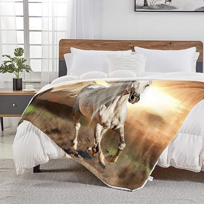 White Horse Throw Blanket for Couch, Super Soft Fuzzy Throws Warm Comfortable Plush Fleece Blanket, Fashion Decorative Flannel Fleece Blanket for All Season(50 x 60 in, White Horse& Sunset)