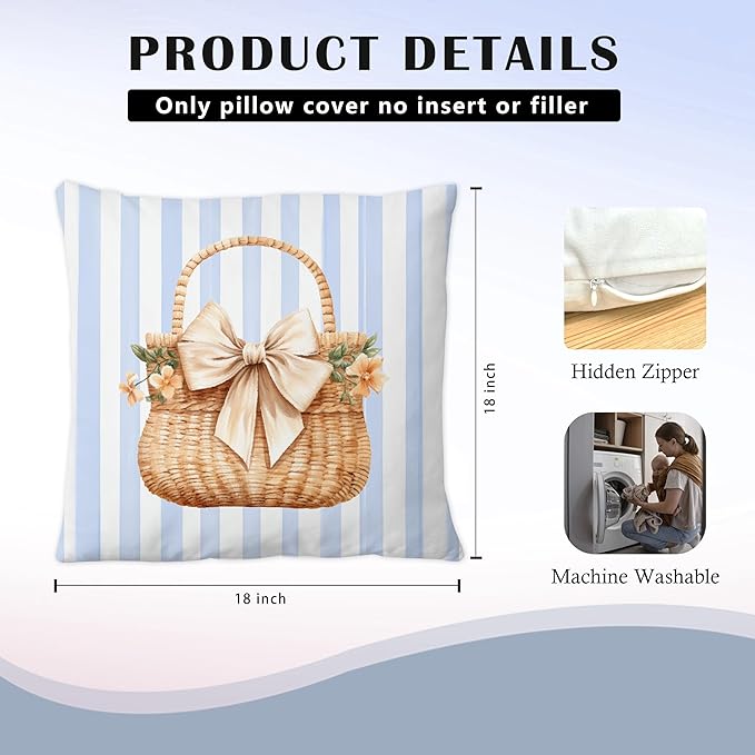 Coastal Beach Basket Pillow Covers 18x18, Preppy Beach Room Decor, Coquette Bow Floral Basket Blue White Striped Throw Pillow Covers for Girls Bedroom Dorm Home