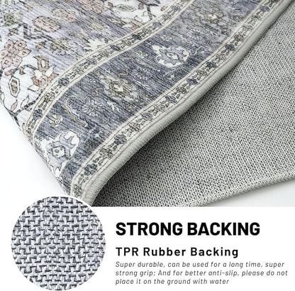 KUTA Vintage Washable Long Hallway Runner Rug, 2.6x16 Grey Blue Non-Slip Kitchen Rugs Ultra Thin Soft Printed Distressed Oriental Floral Floor Carpet for Laundry Bedroom Living Room Nursery