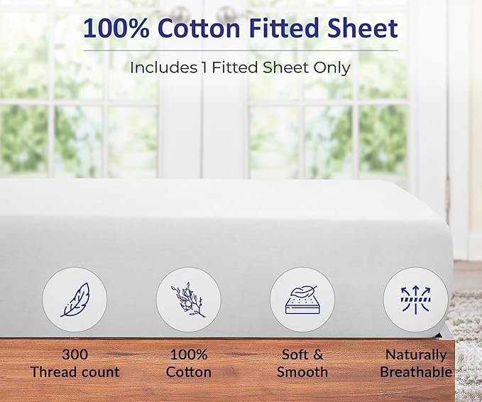 ROYALE LINENS 300 Thread Count 100% Long Staple Combed Cotton Fitted Sheet Twin XL - Super Soft Deep Pocket Bottom Sheet - Fitted Sheets Only - Elastic Sheets (Twin XL, White)