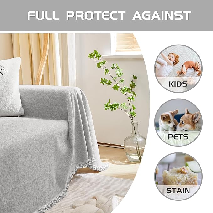 MEETSKY Sofa Covers Couch Covers for 3 Seats Cushion, Protector Sofa Throw Cover for Couches Washable Soft Chenille Blend Modern Decorative for Living Room, 91" x 134", Light Gray